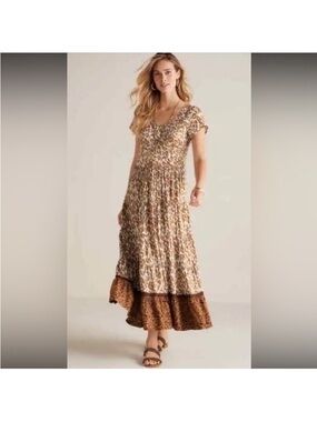 Soft Surroundings Kara Maxi Dress Ruffle White Mocha Leopard Animal Print